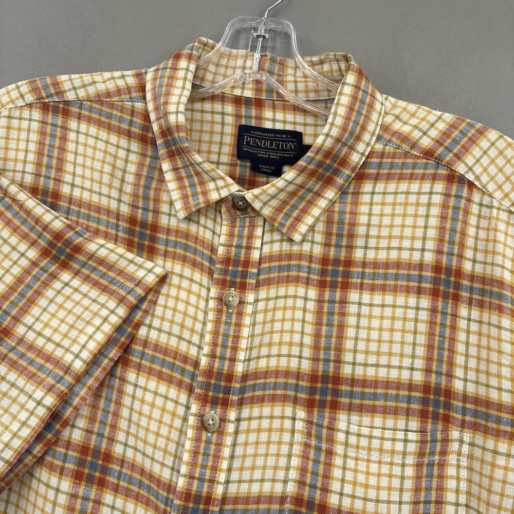 Pendleton Shirt Mens XL Yellow Orange Plaid Button Up Short Sleeve Linen Rayon